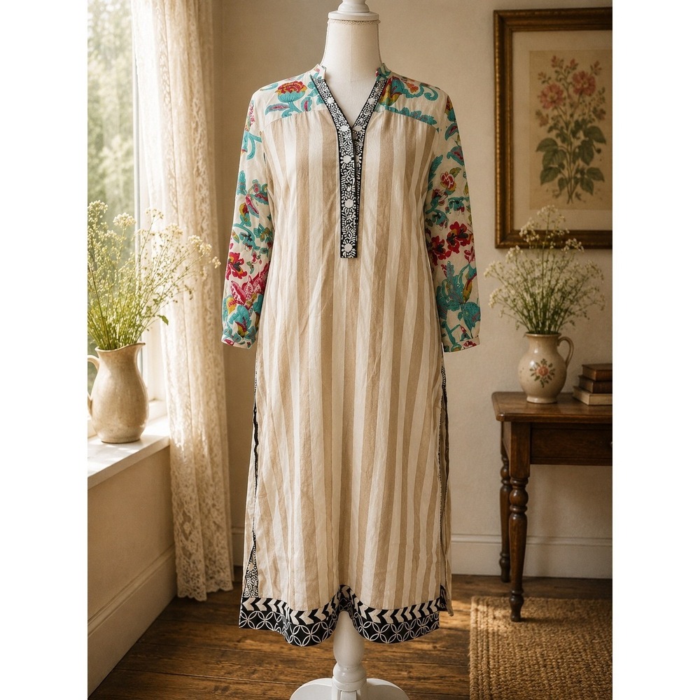 Sana Safinaz Striped Floral Print Long Sleeve Pakistani Indian Size‎ Small